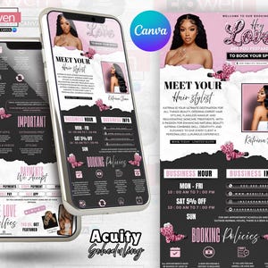 May include: A digital advertisement on two smartphones promoting a hair stylist. The design features a pink and black colour scheme with images of a woman, butterflies, and text including "Meet Your Hair Stylist" and booking information.