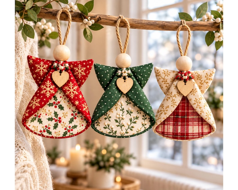 May include: Three fabric angel ornaments hanging from a branch. Each features a wooden bead head, a jute rope loop, and a small wooden heart charm. The first is red with gold snowflakes, the second green with white dots, and the third cream with gold snowflakes and a red plaid base.