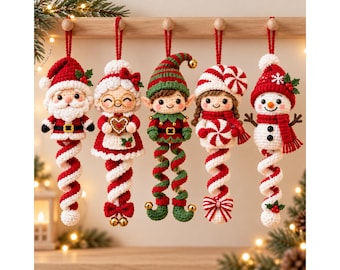 May include: Five crocheted Christmas ornaments hanging from a wooden rack. The figures include Santa Claus, Mrs. Claus, an elf, a girl with a peppermint hat, and a snowman. Each character features a long, spiraling, candy-cane-colored tail.