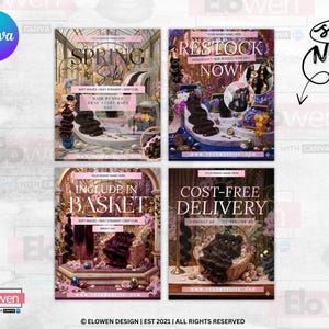 Op de afbeelding: Vier promotieposters voor haar bundels. De posters bevatten tekst als "Spring Sale", "Restock Now", "Include in Basket" en "Cost-Free Delivery". Elke poster heeft een bloemen- en roze kleurenschema, met afbeeldingen van haar bundels.