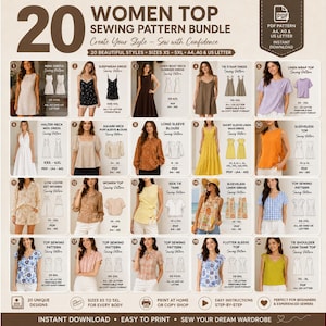May include: A digital sewing pattern bundle featuring 20 distinct clothing designs for tops and dresses. The image displays numbered thumbnails of each garment, including various necklines, sleeve lengths, and patterns, with text indicating sizes XS to 5XL.