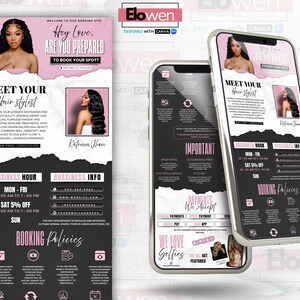 May include: A promotional flyer and two smartphones displaying a hair stylist's booking information. The flyer and phones feature a pink and black color scheme with images of a woman with long hair. Text includes business hours, contact info, and booking policies.