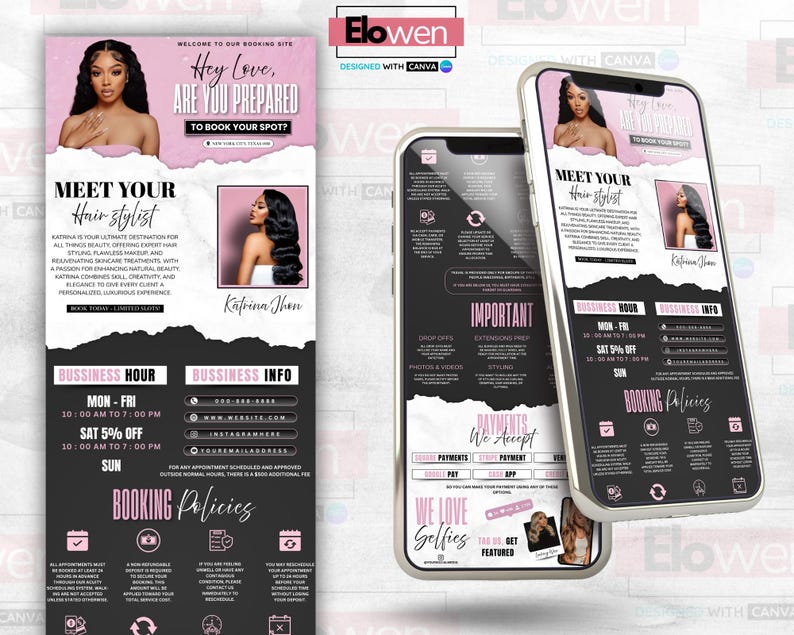 May include: A promotional flyer and two smartphones displaying a hair stylist's booking information. The flyer and phones feature a pink and black color scheme with images of a woman with long hair. Text includes business hours, contact info, and booking policies.