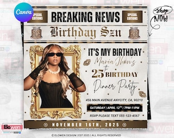 Newspaper Birthday Invitation, Leopard Print Glam Party Evite, Editable Social Media Flyer Template, Digital Birthday Dinner Invite