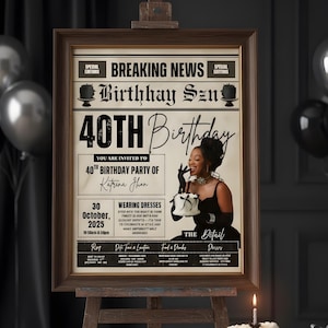 Op de afbeelding: Een ingelijste uitnodiging voor een 40e verjaardagsfeestje met een vintage krantontwerp. De uitnodiging bevat de tekst "Breaking News" en "Birthhay Szn". Een foto van een vrouw die een taart vasthoudt staat in het midden. Zwarte ballonnen zijn op de achtergrond.