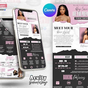 May include: Two smartphones showing a hair stylist's promotional flyer. The flyer includes a woman's image, business hours, booking policies, and contact details. The design uses a black, white, and pink colour scheme.