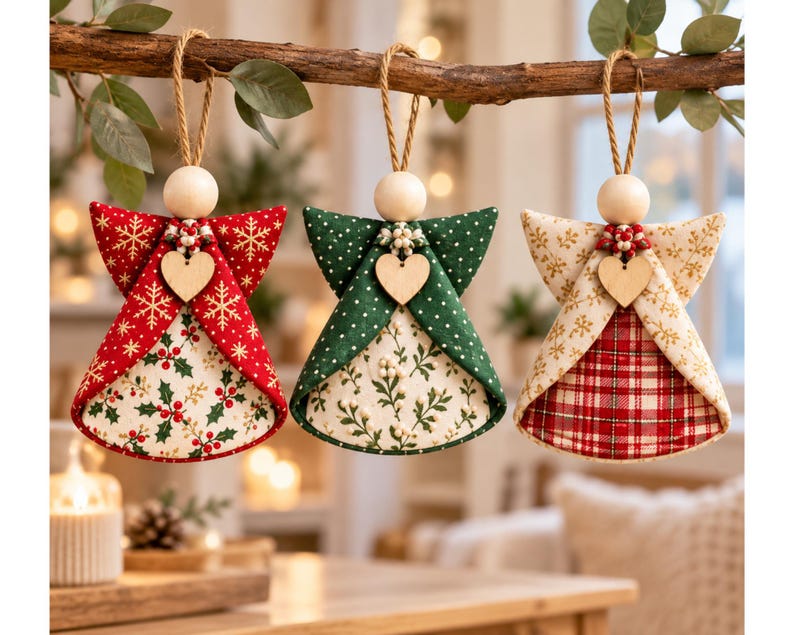 May include: Three fabric angel ornaments hanging from a branch. Each features a wooden bead head, a small wooden heart, and a jute twine loop. The left angel is red with gold snowflakes and holly. The center is green with white dots and foliage. The right is cream with gold snowflakes and a red plaid skirt.