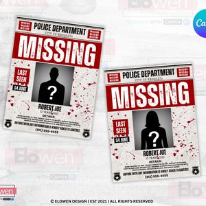 Editable Missing Poster Template, Halloween Mystery Party Sign, DIY Missing Person Flyer, Detective or Wanted Party Canva Template