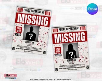 May include: Two rectangular missing person flyers with red and white headers reading POLICE DEPARTMENT CITY OF KERELAIA and MISSING. Each features a black silhouette with a question mark, red blood splatters, and text detailing Robert Joe.