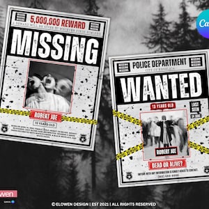 Peut inclure: Deux affiches rectangulaires avec des arrière-plans noirs et blancs vieillis. L'affiche de gauche indique MISSING avec une récompense de 5 000 000 et une photo floue de Robert Joe. L'affiche de droite indique WANTED avec un texte de police.
