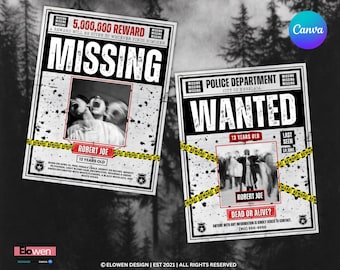 May include: Two rectangular posters with black and white distressed backgrounds. The left poster reads MISSING with a 5,000,000 reward and a blurry photo of Robert Joe. The right poster reads WANTED with police department text and a blurry photo.