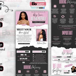 May include: A promotional flyer for a hair stylist, featuring a pink and black color scheme. The flyer includes images of the stylist and information about booking appointments, business hours, and services offered. Text includes "Hey Love, Are You Prepared To Book Your Spot?"