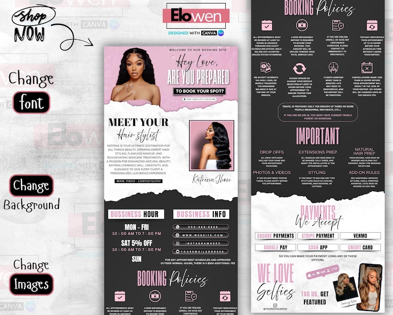 May include: A promotional flyer for a hair stylist, featuring a pink and black color scheme. The flyer includes images of the stylist and information about booking appointments, business hours, and services offered. Text includes "Hey Love, Are You Prepared To Book Your Spot?"