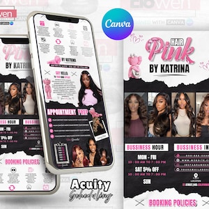 Könnte beinhalten: Werbegrafik für einen Friseursalon mit einem rosa und schwarzen Design mit dem Text "Hair Pink by Katrina". Das Bild enthält Fotos von Frisuren, Geschäftszeiten und Buchungsinformationen.