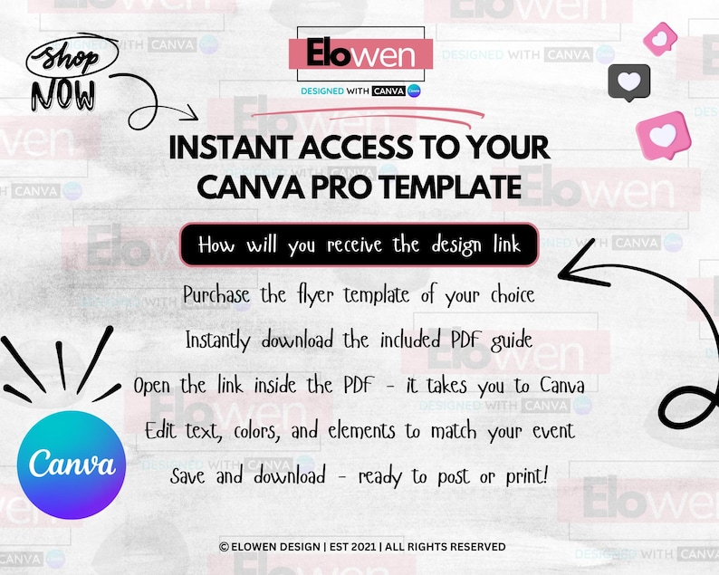 May include: A promotional graphic with the text "INSTANT ACCESS TO YOUR CANVA PRO TEMPLATE." It includes instructions on how to access and edit the template. The design features the Canva logo and the Elowen brand.