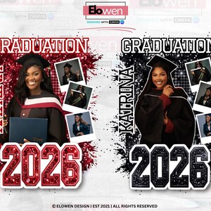 May include: Two graduation announcements featuring a woman in a cap and gown. One is red with the text "GRADUATION KATRINA 2026", the other is black with the same text. Small photos of the graduate are included.