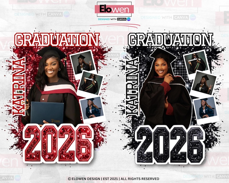 May include: Two graduation announcements featuring a woman in a cap and gown. One is red with the text "GRADUATION KATRINA 2026", the other is black with the same text. Small photos of the graduate are included.