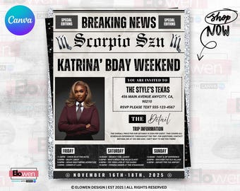 Digital Scorpio Geburtstagswochenende Zeitung Evite, Digital Scorpio Geburtstagskind Reise Zeitung Evite, Geburtstagswochenende, Canva Bearbeitbar