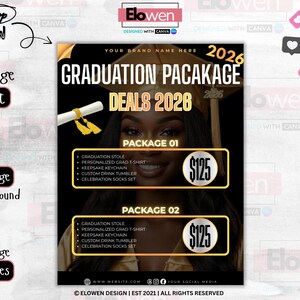 May include: A promotional graphic for graduation packages, featuring a smiling person in a graduation cap. The design includes text that reads "Graduation Package Deals 2026" and lists package contents. The color scheme is black and gold.