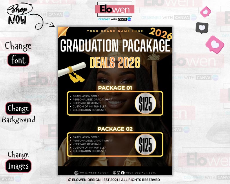 May include: A promotional graphic for graduation packages, featuring a smiling person in a graduation cap. The design includes text that reads "Graduation Package Deals 2026" and lists package contents. The color scheme is black and gold.