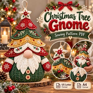 May include: A Christmas Tree Gnome sewing pattern PDF featuring a plush gnome ornament shaped like a layered tree with red, green, and gold felt sections, a white beard, a round nose, and two wooden buttons on a dark green base.