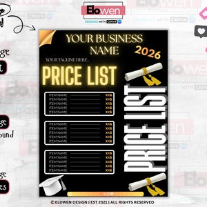 May include: A black and gold price list template with the text "Your Business Name" and "Price List 2026". The design includes a graduation cap, diploma, and the option to change the font, background, and images.
