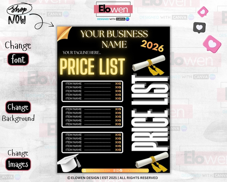 May include: A black and gold price list template with the text "Your Business Name" and "Price List 2026". The design includes a graduation cap, diploma, and the option to change the font, background, and images.