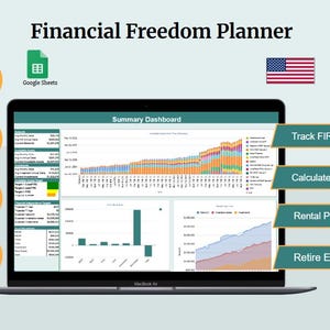 Peut inclure: Un planificateur de liberté financière affiché sur un MacBook Air. L'écran affiche un tableau de bord récapitulatif avec des graphiques. L'image comprend le texte "Roth IRA", "Trad IRA", "529 Plan" et "401K". Le drapeau américain est dans le coin supérieur droit.