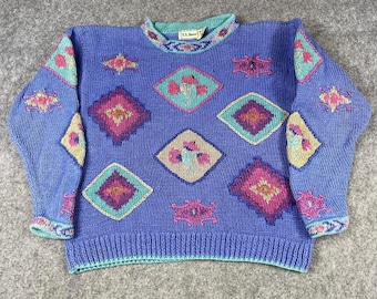 Vintage LL Bean Sweater Womens Med Blue Geometric Ramie Cotton Cottagecore