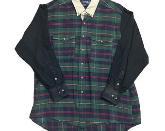 Wrangler X-Long Tails Shirt Men 17.5 36 Blue Green Plaid  Western Rodeo Vintage