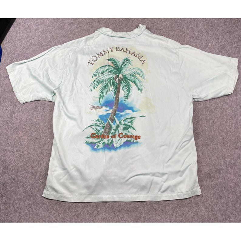 VTG Tommy Bahama Shirt XL Green Embroidered Printed Garden of Courage Hong Kong image 2
