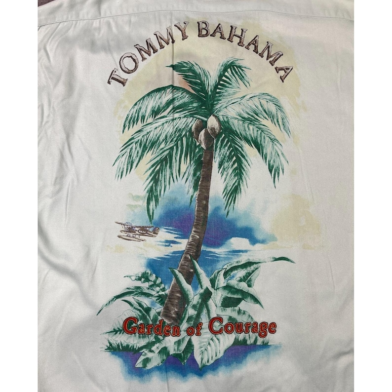 VTG Tommy Bahama Shirt XL Green Embroidered Printed Garden of Courage Hong Kong image 1