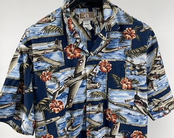 Vintage Kalaheo Hawaiian Shirt Mens 2XL WW2 Planes Tropical Made in USA