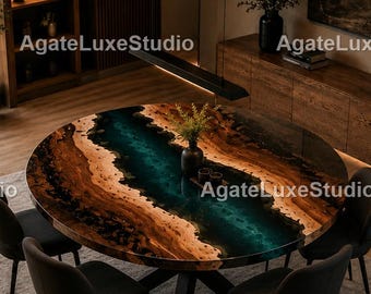 Dark Teal Epoxy River Living Hall Table, Round Live Edge Wood Table, Handmade Resin Coffee Table, Luxury Modern Dining Room Tabletop |