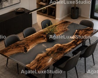 Luxury Black Epoxy River Dining Table | Handmade Live Edge Walnut Wood Table | Modern Rustic Dining Room Furniture | Custom Resin Table |