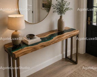 Luxury Green Epoxy River Console Table | Live Edge Wood Entryway Table | Handmade Hallway Furniture Walnut Epoxy River Console Table |