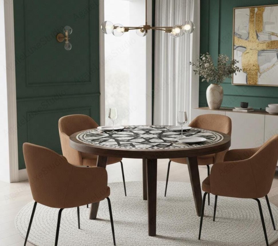 Luxury Black & White Marble Inlay Round Dining Table | Geometric Pietra ...