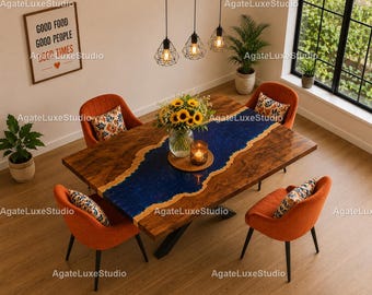 Blue Epoxy River Table, Live Edge Walnut Wood Table, Handmade Resin Decor Furniture, Luxury Modern Dining Room, Custom River Table