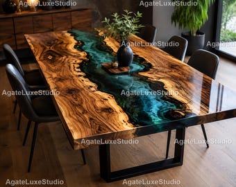 Luxury Ocean Blue Epoxy River Table | Live Edge Walnut Dining Table | Luxury Handmade Resin Wood Furniture | Modern Statement Tabletop |