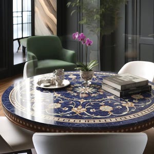 Pu&ograve; includere: Un tavolo rotondo con una superficie blu scuro con un motivo floreale color crema e oro. Il tavolo ha un bordo in legno marrone ed &egrave; circondato da sedie bianche. Un vaso di orchidee viola e libri sono sul tavolo.