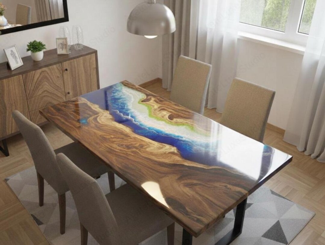 Luxury Ocean Wave Epoxy Resin Dining Table – Live Edge Wood River Table ...