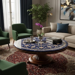 Pu&ograve; includere: Un tavolino rotondo con un piano a motivi floreali blu scuro e una base in legno. Il tavolo si trova in un soggiorno con poltrone verdi, un divano beige e un tappeto a motivi rossi. Un vaso di fiori viola &egrave; sul tavolo.
