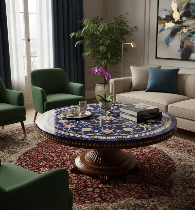 Pu&ograve; includere: Un tavolino rotondo con un piano a motivi floreali blu scuro e una base in legno. Il tavolo si trova in un soggiorno con poltrone verdi, un divano beige e un tappeto a motivi rossi. Un vaso di fiori viola &egrave; sul tavolo.
