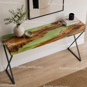 Luxury Green Epoxy Resin Console Table | Live Edge Wood Entryway Table | Handmade River Console Table | Modern Hallway Home Decor Table |