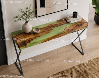 Luxury Green Epoxy Resin Console Table | Live Edge Wood Entryway Table | Handmade River Console Table | Modern Hallway Home Decor Table |