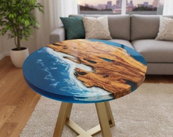 Round Blue Resin River Table, Epoxy Wood Coffee Table, Small End
