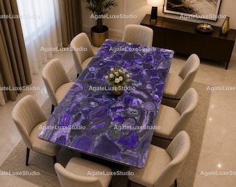 Mesa de comedor de ágata púrpura / Mueble rectangular de lujo con piedras preciosas, diseño moderno.