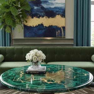 Luxe willekeurig ingelegde groene edelsteen ronde tafel | Handgemaakte edelsteentafel | Designer salontafel woonkamer decor tafel |