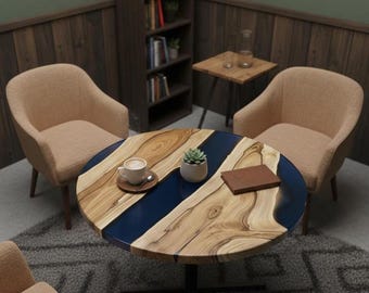 Round Blue Resin River Table, Epoxy Wood Coffee Table, Small End