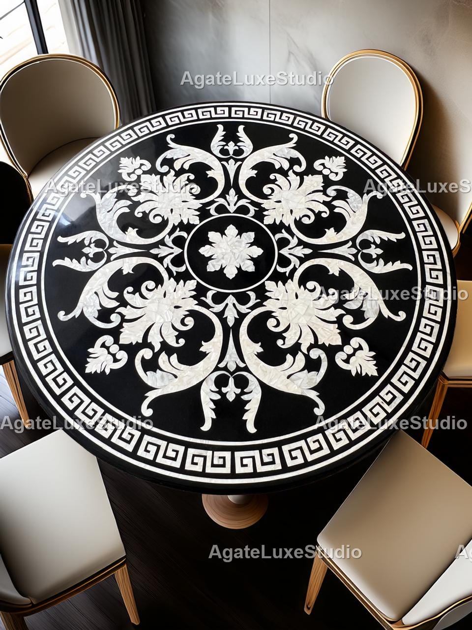 Luxury Black Marble Inlay Round Dining Table – Handcrafted Floral ...